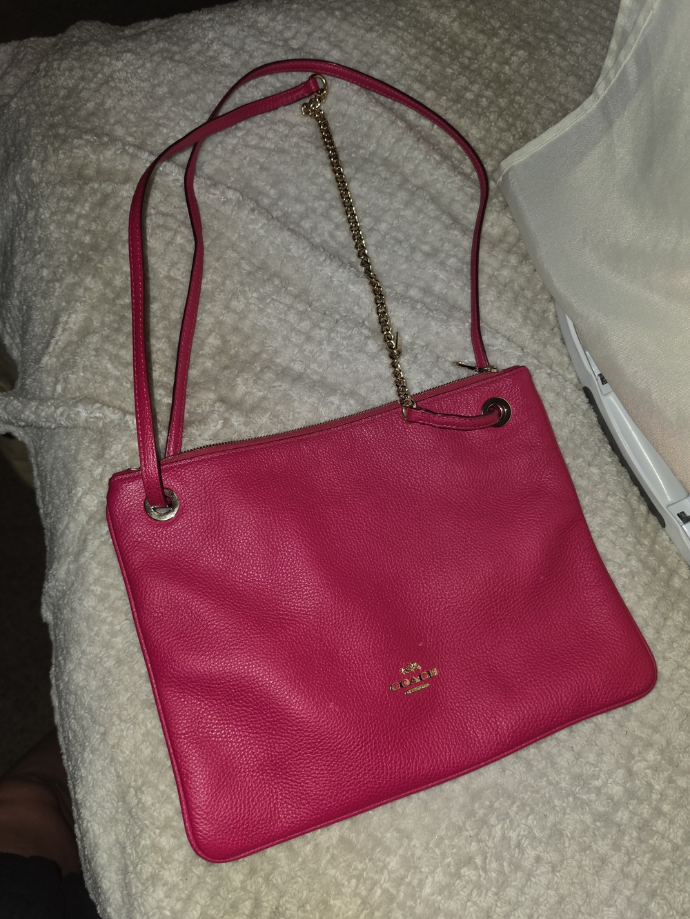 Coach Hot Pink Pebbled Leather Crossbody with Gold Chain